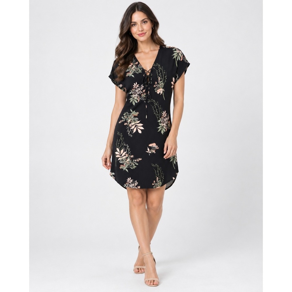 Le Château Black Floral Lace Up Dress XS Botanical Print Short Sleeve